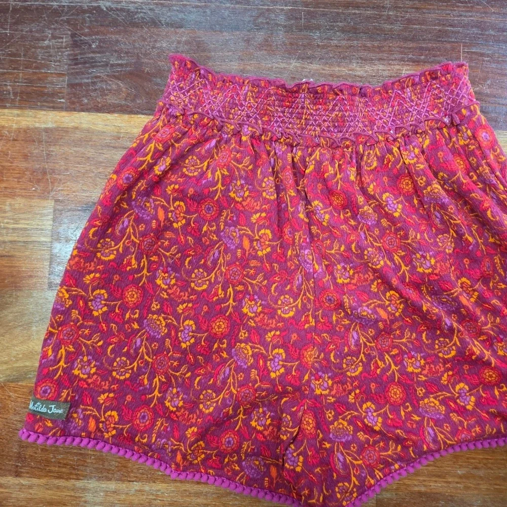 Matilda Jane Girls Red Orange Floral Smocked‎ Pom Pom Trim Shorts Size 16 NWT